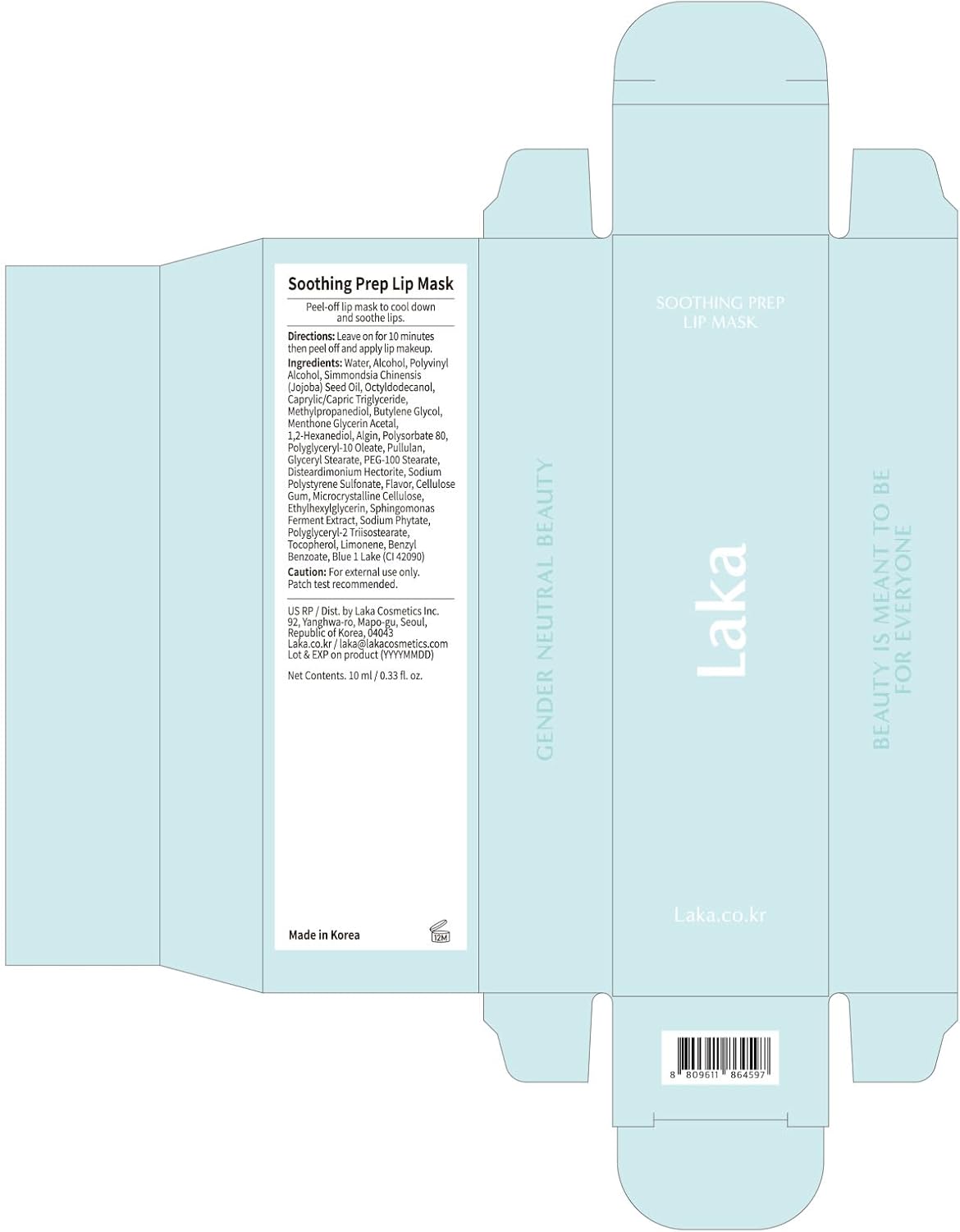 Laka Soothing Prep Lip Mask, 10ml/0.33 fl.oz, Cooling Peel-Off Lip Mask, Jelly tip for Hygienic & Easy Application, Hydrate, Vegan, Lip Care, K-Beauty